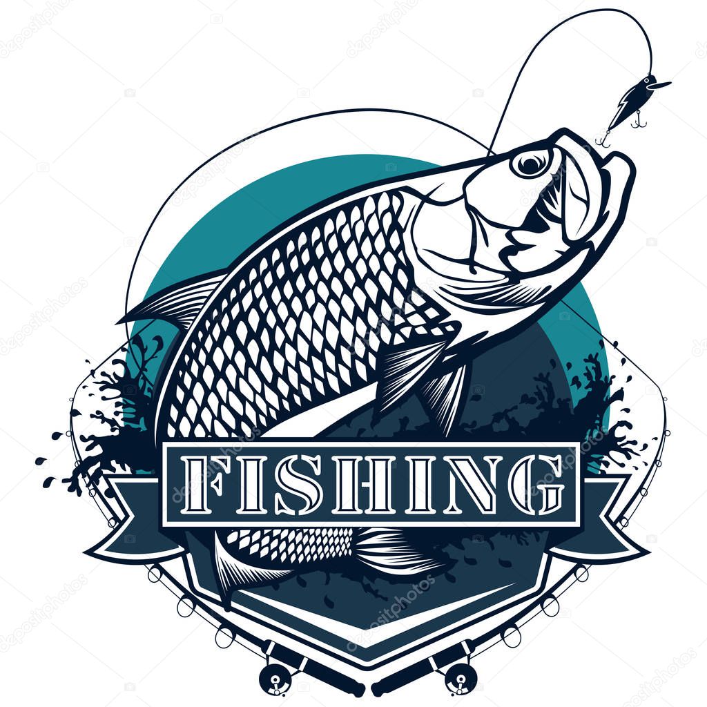 Tarpon fish. Vector illustration of tarpon fish logotype. Fishing style in ocean blue collours.
