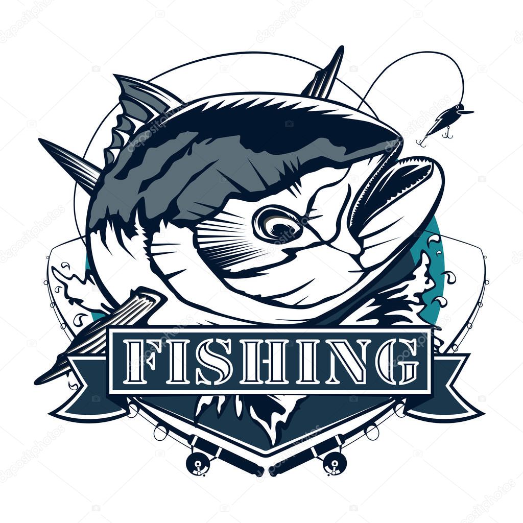 Tuna fishing logo isolated on white. Blue and white vector illustration.