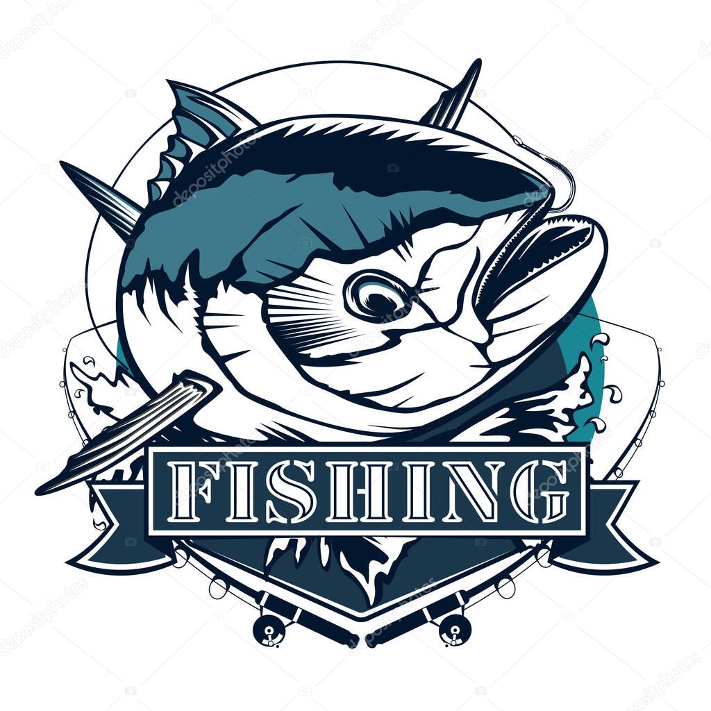 Tuna fishing logo isolated on white. Blue and white vector illustration. Emblem for sport club.