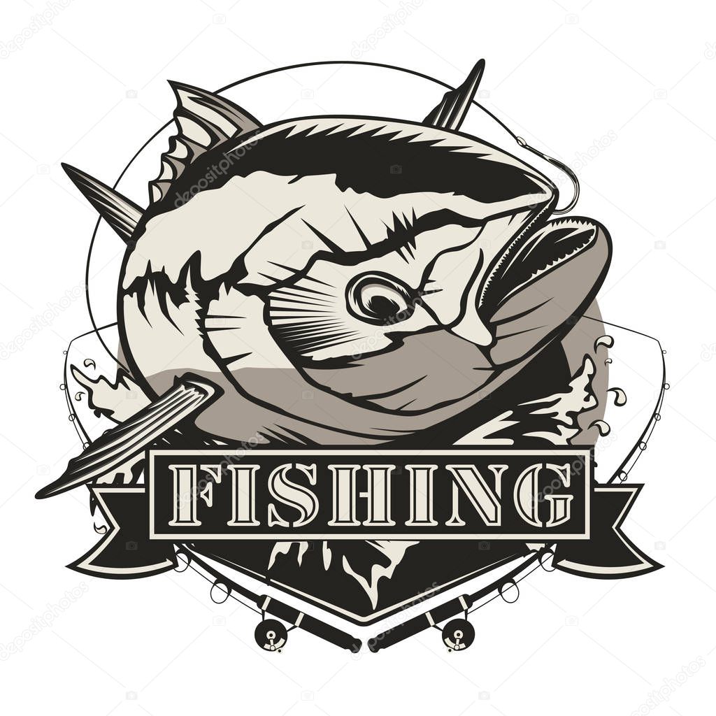 Tuna fishing logo isolated on white. Blue and white vector illustration. Emblem for sport club.