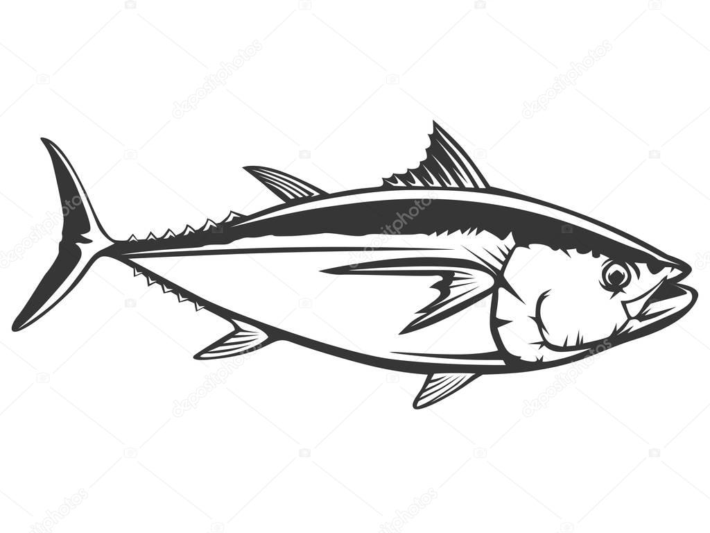 Tuna yellow fin big eye simple emlem isolated on white. Sport fishing club logo. Fishing theme vector illustration.
