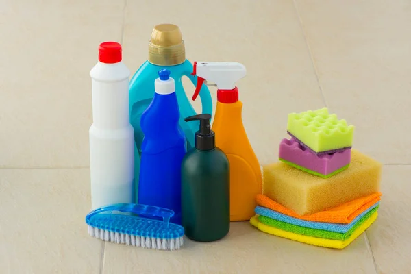 Colorful Bottles Brushes Cleaning House — Stock Photo, Image