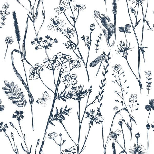 Dessiné à la main sans couture avec des herbes et des fleurs — Image vectorielle