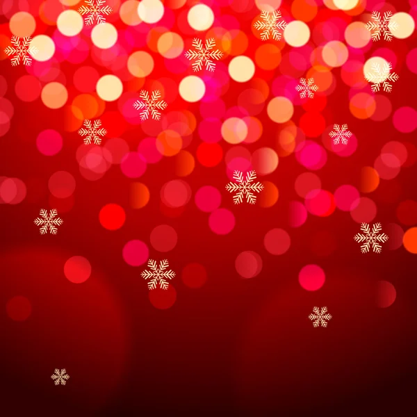 Snowflakes and bokeh lights on red background. — Stock Vector