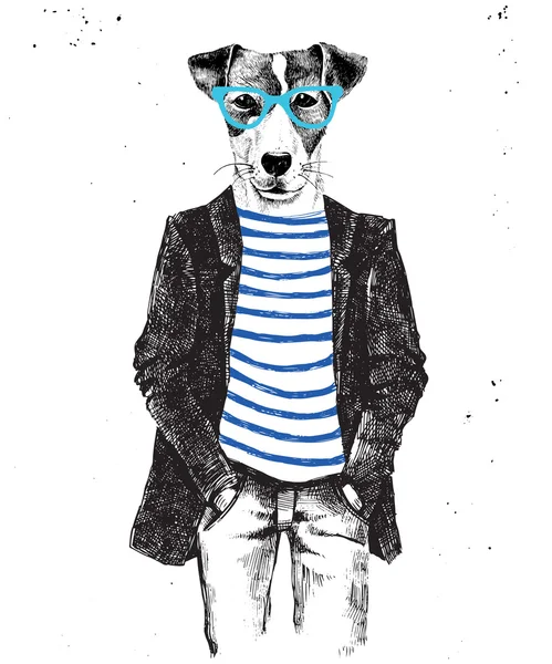 Hand drawn dressed up dog in hipster style — Stock Vector