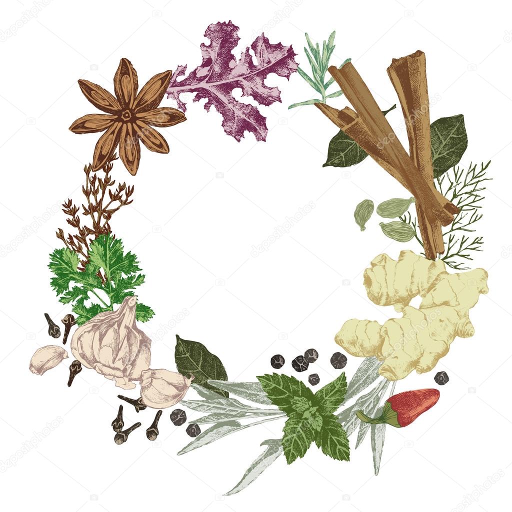 Wreath with hand drawn herbs and spices