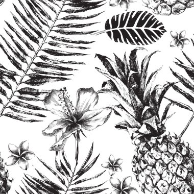 Tropikal palmiye yaprakları, çiçekleri ve ananas ile Seamless Modeli