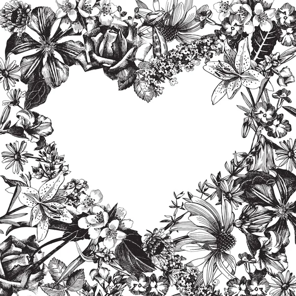 Silueta de corazón sobre fondo floral dibujado a mano — Vector de stock