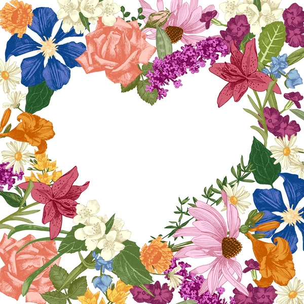 Herz Silhouette auf Hand gezeichnet floralen Hintergrund — Stockvektor