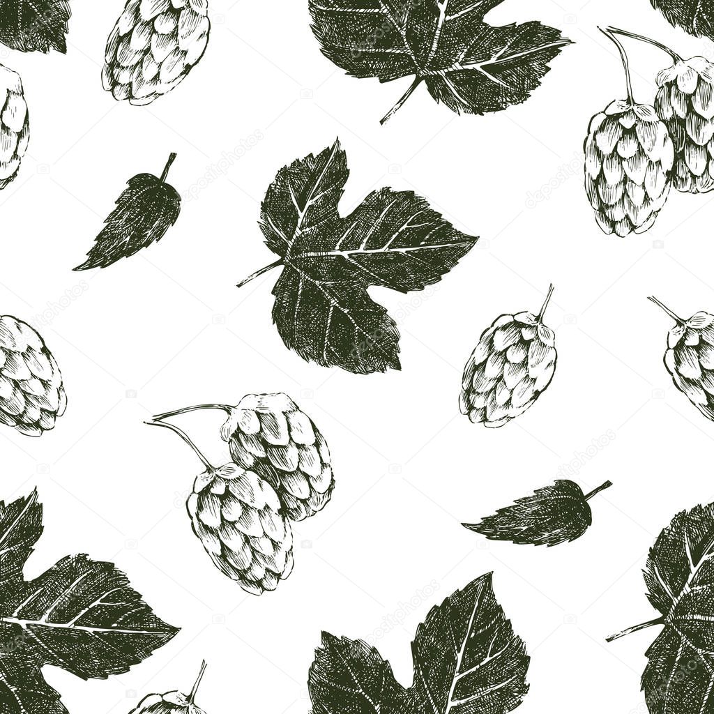 Seamless pattern with hand drawn hop