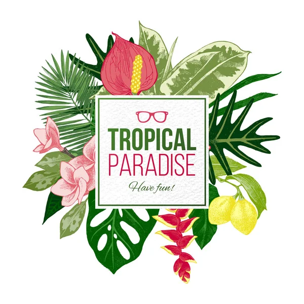 Летний фон с тропическими растениями и цветами — стоковый вектор