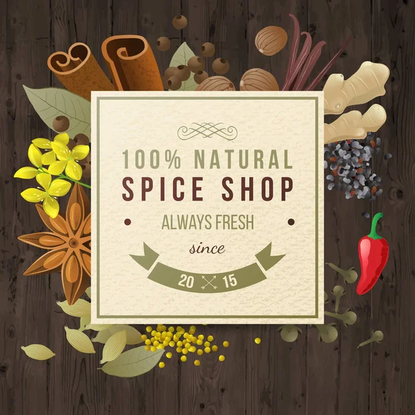Emblema di carta negozio di spezie con diverse spezie in stile vintage — Vettoriale Stock