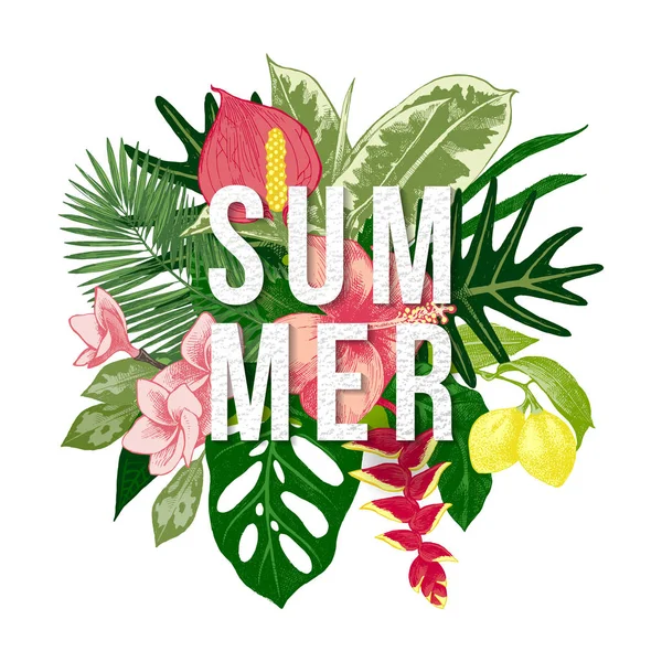 Fondo de verano con plantas tropicales y flores — Vector de stock