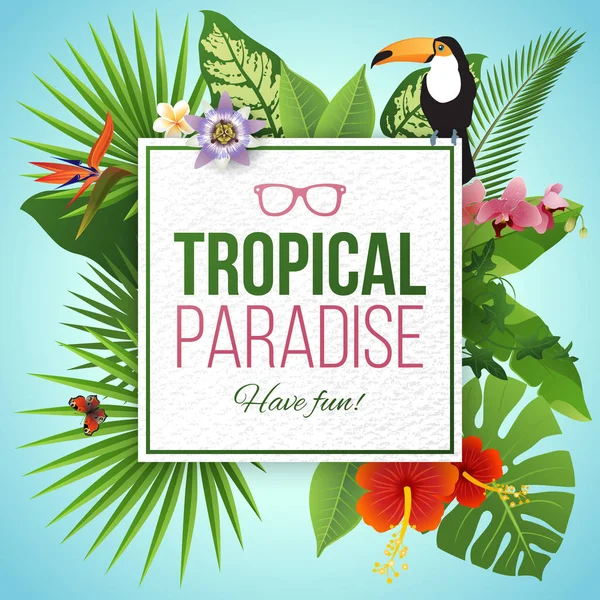 Tropical paradise label over background with leaves and flowers — Stock Vector