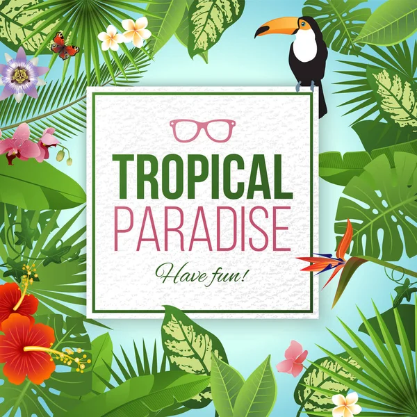 Tropical paradise label over background with leaves and flowers — Stock Vector