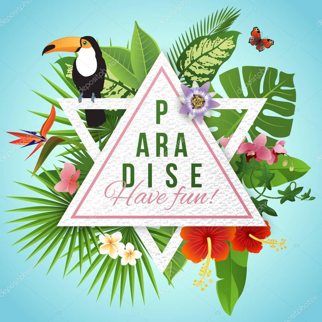 Tropical paradise label over background with leaves and flowers