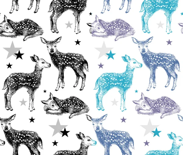 Seamless pattern with hand drawn baby deers in 2 color variations — Stock Vector