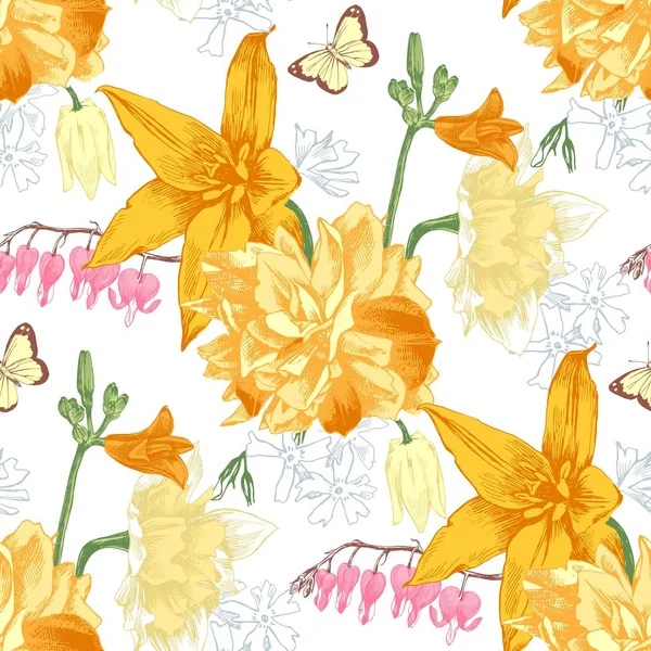 Patrón sin costura con flores dibujadas a mano — Archivo Imágenes Vectoriales