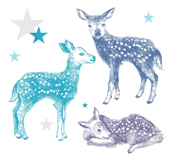 3 手の描かれたカラフルな赤ちゃん鹿 — ストックベクタ