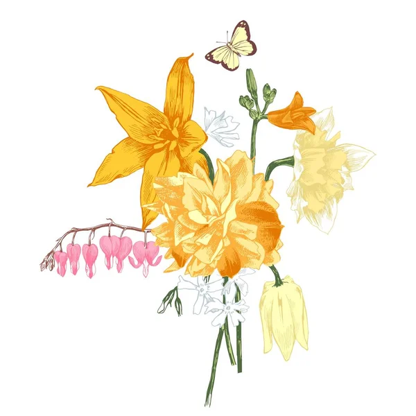 Mazzo disegnato a mano di fiori primaverili — Vettoriale Stock