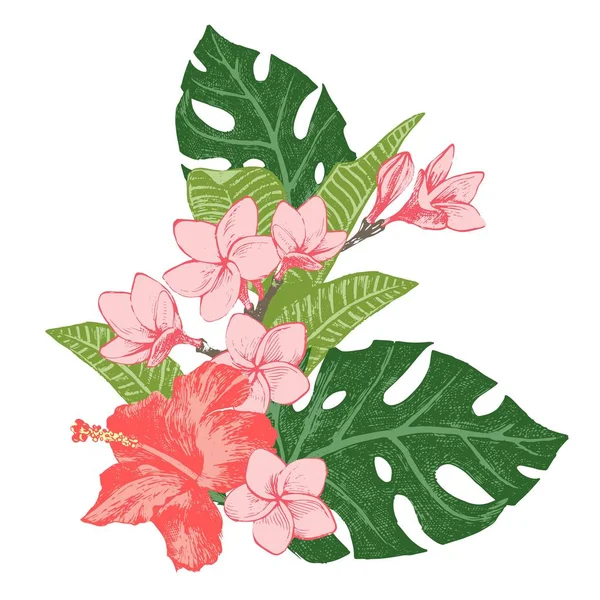 Parlak egzotik tropik çiçekler ve yapraklar — Stok Vektör