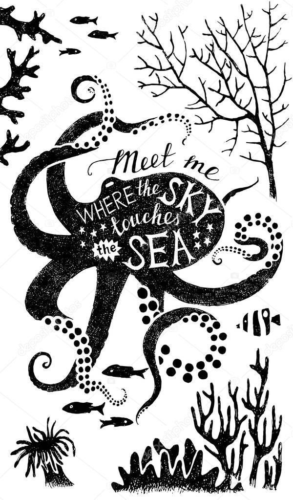 Hand drawn lettering in octopus silhouette