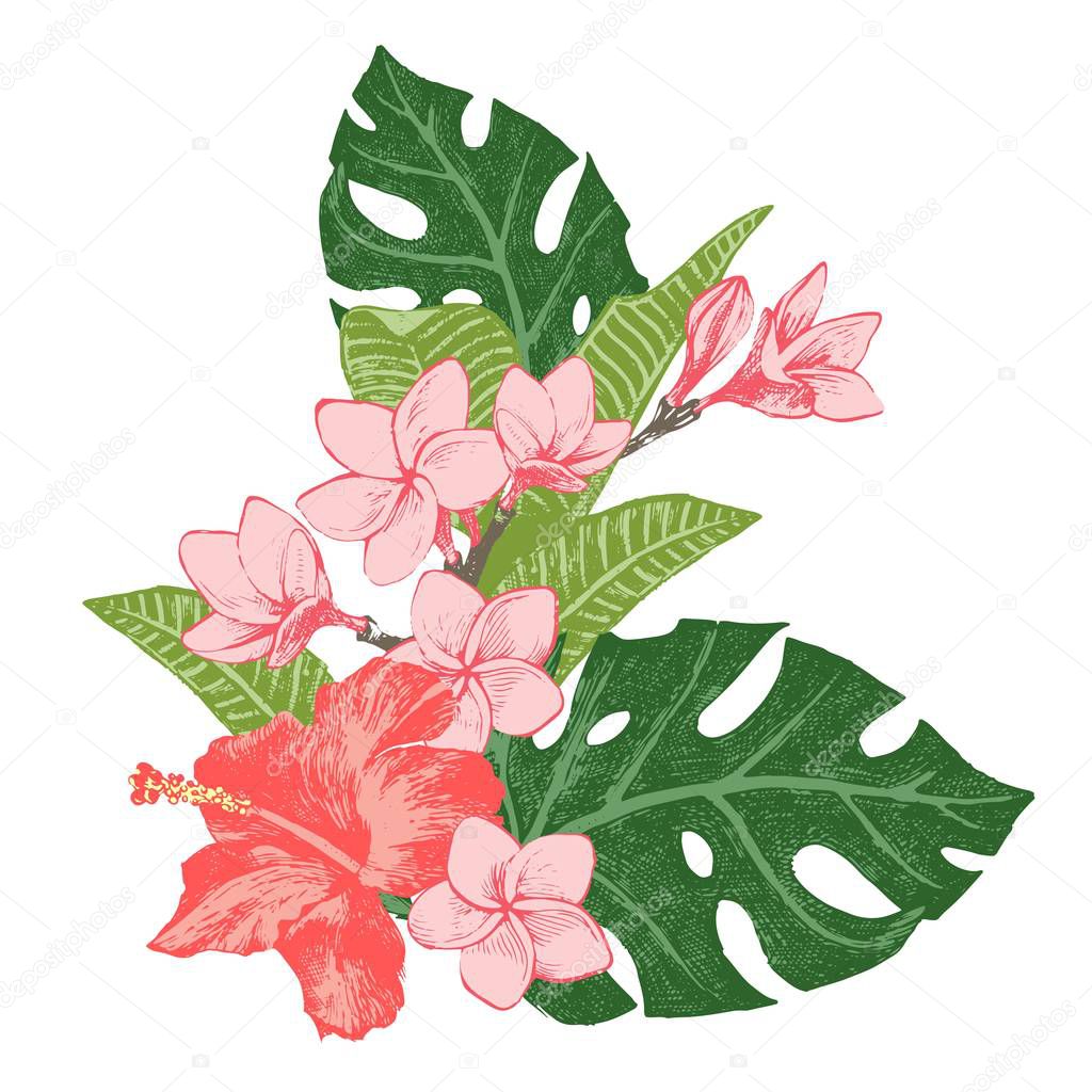 Bright exotic tropical flowers and leaves