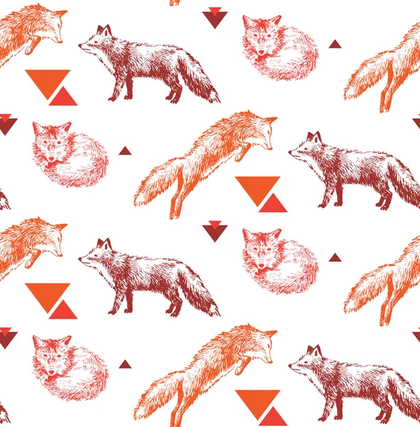 Seamless pattern with hand drawn foxes — Stock Vector
