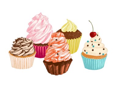 Elle çizilmiş vektör cupcakes kümesi