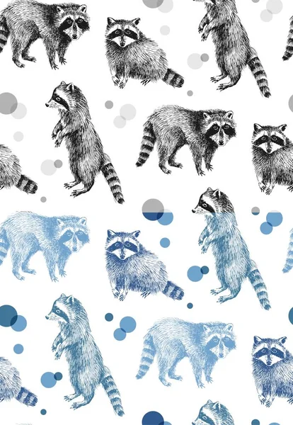 Hand drawn seamless pattern with raccoons — Stock Vector