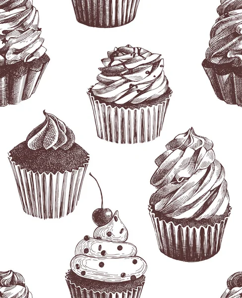 Patrón sin costuras con cupcakes dibujados a mano — Archivo Imágenes Vectoriales