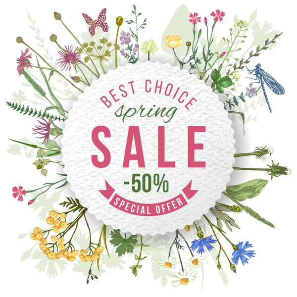 Frühling Verkauf rundes Papier Emblem auf floralem Hintergrund — Stockvektor