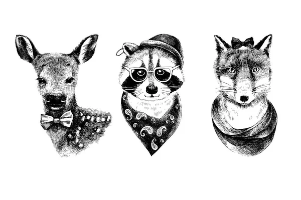 Vestido dibujado a mano animales hipsters conjunto . — Vector de stock