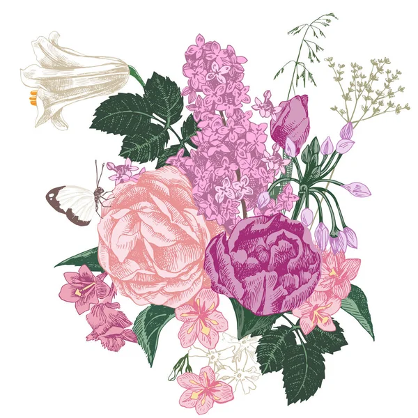 Ramo dibujado a mano de flores de primavera — Vector de stock