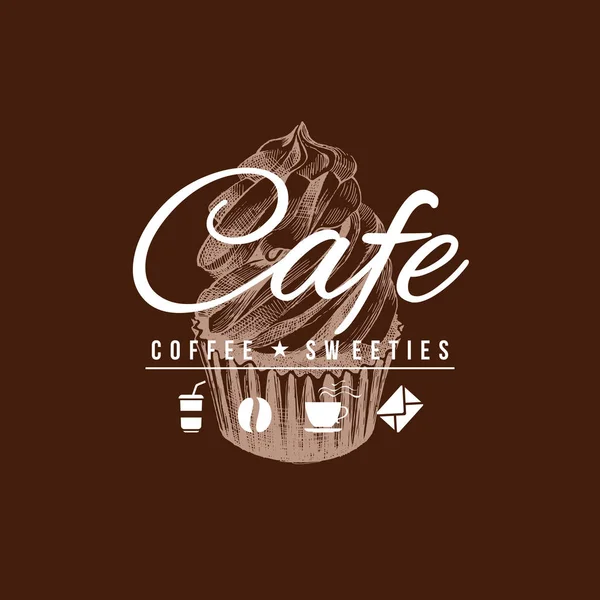 Cafe znak z ręcznie rysowane cupcake. — Wektor stockowy