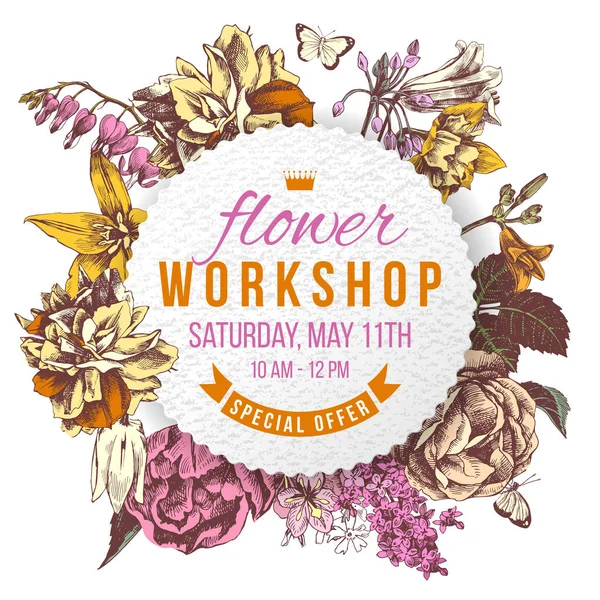 Etiqueta de papel de taller de flores sobre fondo floral — Archivo Imágenes Vectoriales