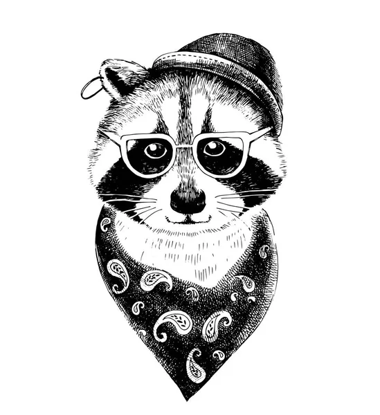 Mano dibujada vestida de mapache hipster — Vector de stock