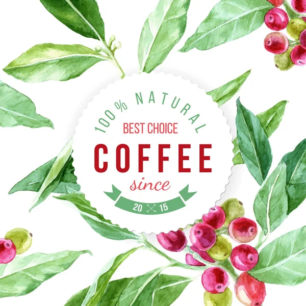 Etikett på bakgrund med akvarell kaffe växt — Stock vektor