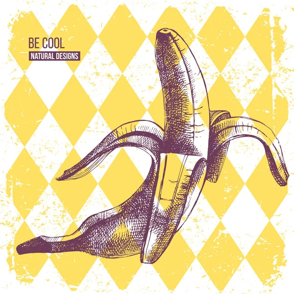 Handgezeichnete Banane auf gelbem Rautenhintergrund — Stockvektor