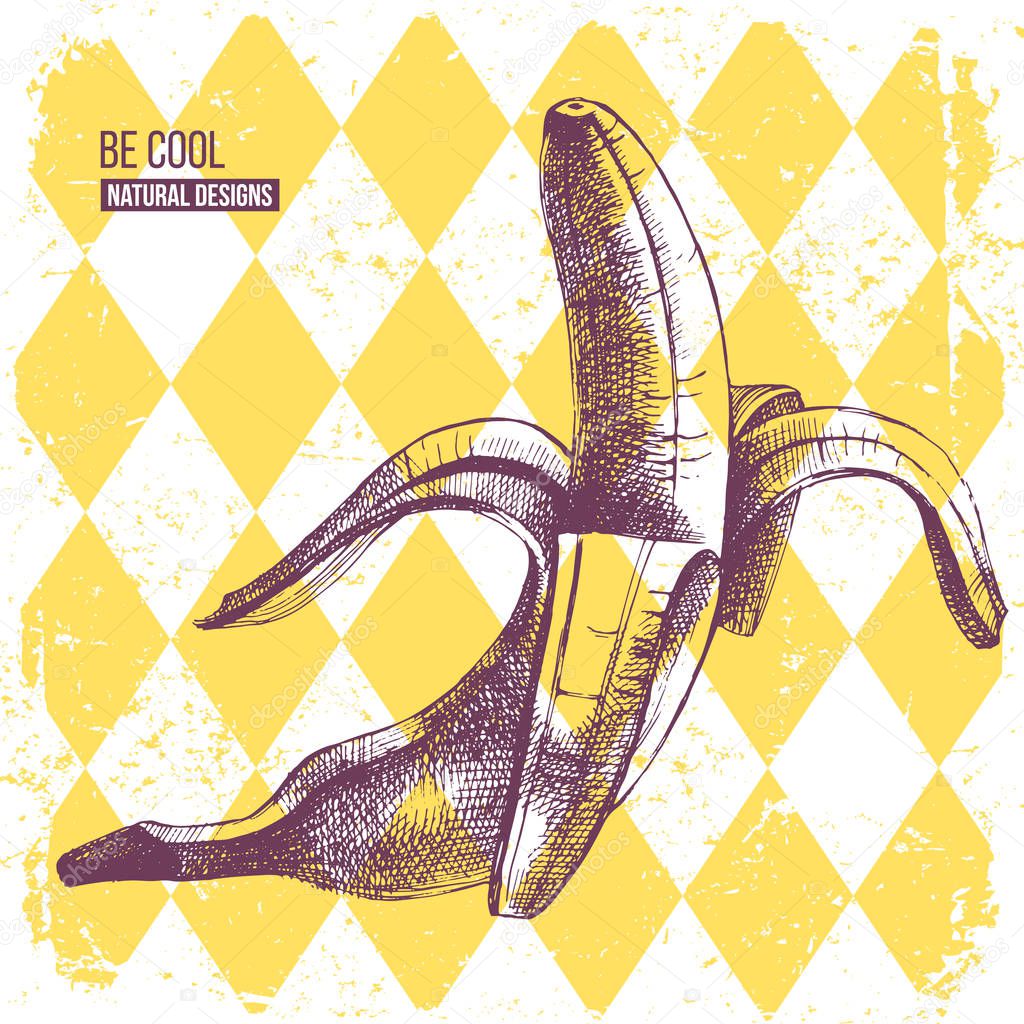 Hand drawn banana on yellow rhombus background