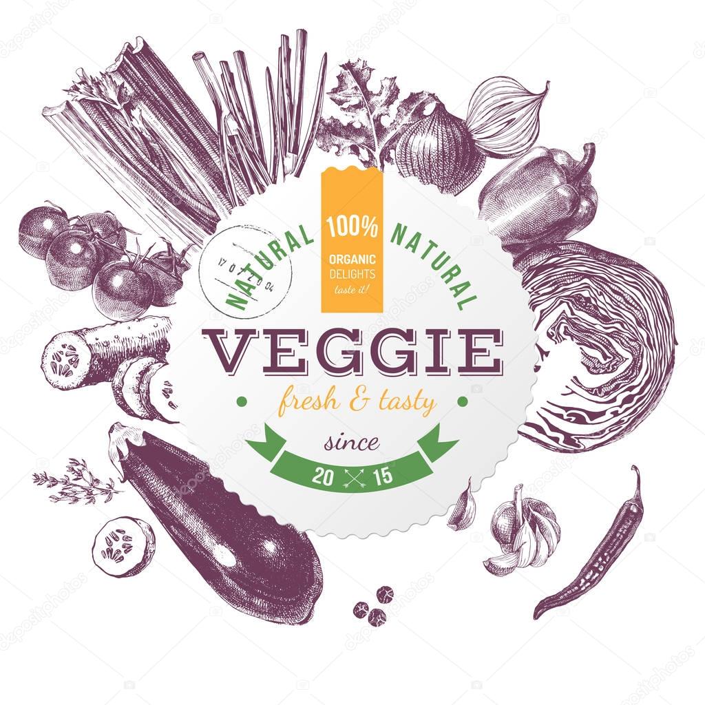 Veggie food emblem illustration. Hand drawn vegetables in v