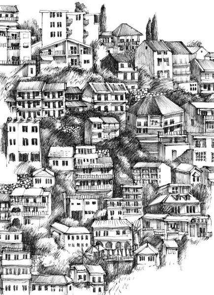 Domy, ručně kreslenou Ulcinj, Černá Hora — Stock fotografie