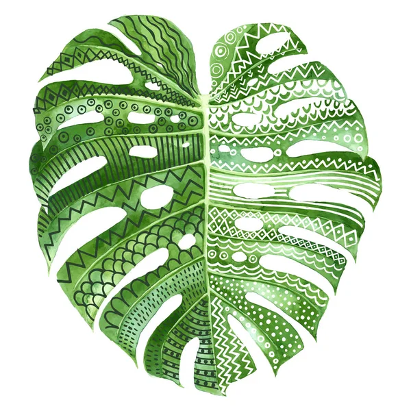 Feuille de plante Monstera avec des ornements ethniques — Image vectorielle