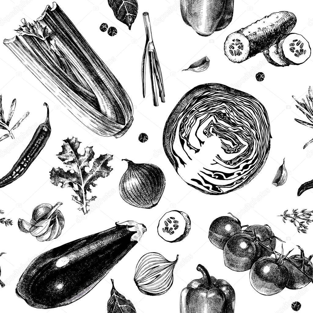 Seamless pattern with hand drawn vegetables