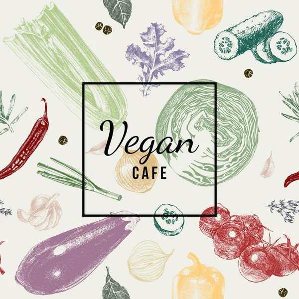 Vegan café logotyp över vegetabiliska bakgrund — Stock vektor