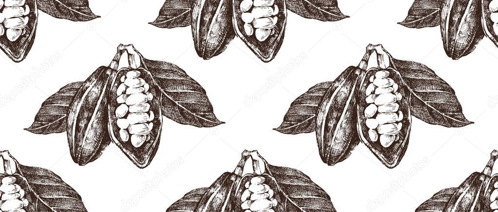 Hand drawn seamless pattern with cocoa beans