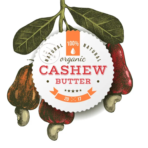 Cashewnötter smör emblem över handen ritade nötter gren — Stock vektor