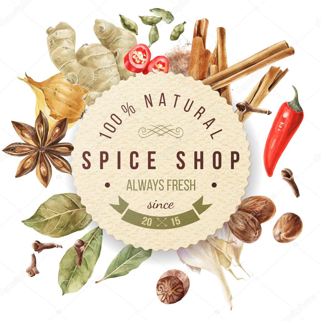 Watercolor spices circle composition with round paper emblem. Can be used for menu design, poster, banner, emblem, sticker or placard.