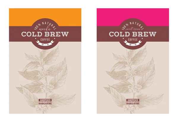 2 ετικέτες κρύου παρασκευάσματος καφέ με χειροποίητο κλαδί καφέ — Διανυσματικό Αρχείο