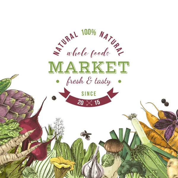 全食品市场标志，手绘蔬菜 — 图库矢量图片